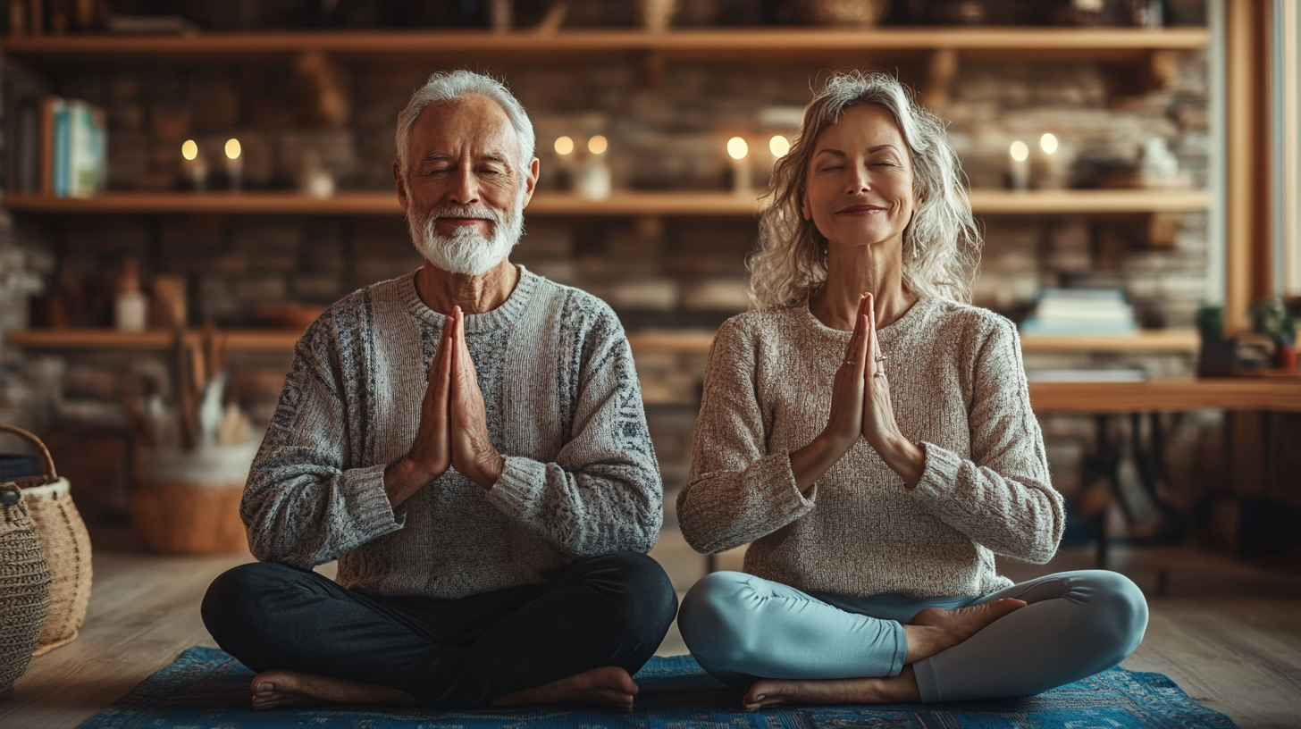 Група людей зрілого віку під час заняття йогою